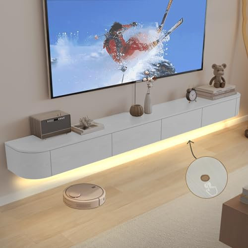 Ribanedy Meuble TV Suspendu Moderne avec Éclairage LED | Console de Divertissement Murale en Bois Massif et Portes à Rabat | Étagère Télé Design pour Salon & Bureau (Blanc, 220cm)