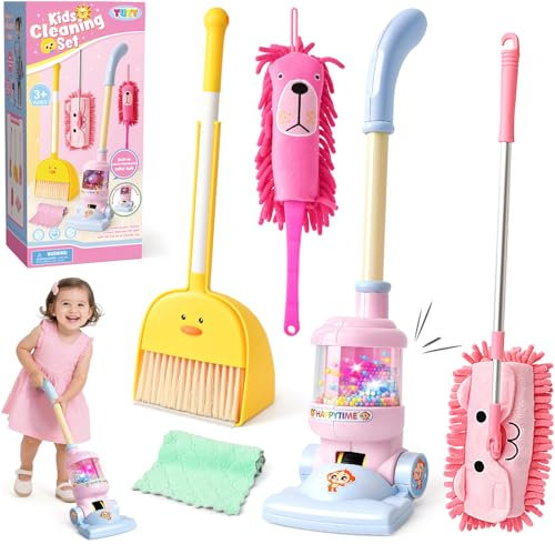 Merrymint Wildtiere Putzset für Kinder, Reiniungs Set mit Kinder Staubsauger & Staubwedel & Wischmop & Kinderbesen & Waschlappen, Rollenspiele Spielzeug Geschenke für Mädchen Jungen ab 3 4 5 6 Jahre