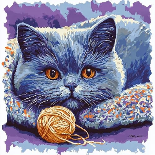 Wallphantom Tier Kreuzstich-Kissen-Set,Süße blaue Katze und Wollknäuel,Stickkissen-Set,für kreative Heimdekoration,Handarbeitsset für erwachsene Anfänger,45x45cm