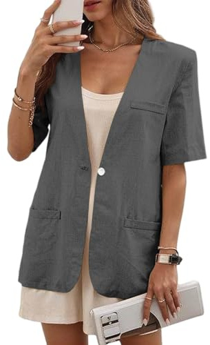 Blazer Damen Sommer Einfarbig Kurzarm Leinenblazer Knöpfen Anzugjacke Leicht Atmungsaktiv Sommerjacke Frauen Dünne Sweatblazer Kurz Sportlich Sommerblazer Modern Business