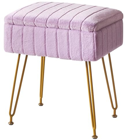 IBUYKE Vanity Hocker Stuhl Aufbewahrung, Faux Pelz Ottoman, Lila L/G-50V | Fußlehne Fußhockel Kleiner Seitentisch 4 Metallbeine Anti-Rutschfüße Make-up Zimmer Schlafzimmer