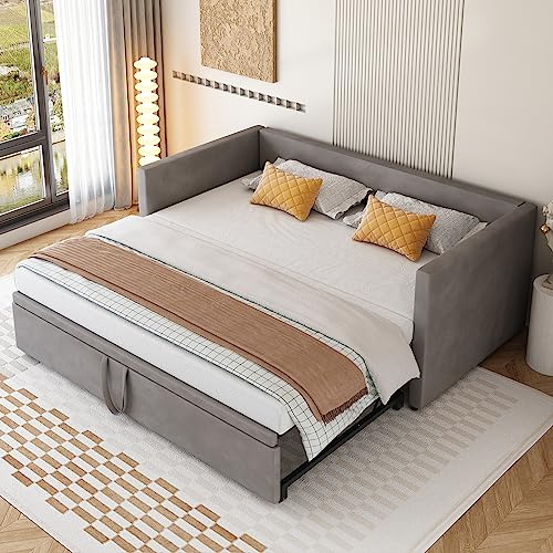 RIAZOS Polsterbett Ausziehbares Schlafsofa 90/180 x 200 cm, Einzelbett/Doppelbett, Daybett Tagesbett Gästebett, Samt, ohne Matratze, Dunkelgrau