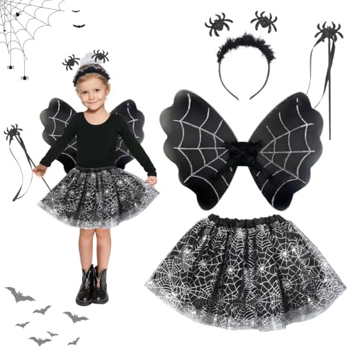 LGZIN Costume Araignée Enfant Fille, 4 Pièces Deguisement Araignee Enfant avec Jupe Tutu, Diadème, Ailes et Baguette Magique, Deguisement Fee Fille pour Halloween Carnaval Cosplay