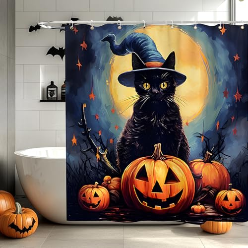 Shyllin Tenda da Doccia per Halloween, Halloween Decorazioni Casa con Gatto Nero e Spettrali Elementi di Zucca, Shower Curtain, Tenda Doccia Halloween Ghost con 8 Ganci, 180x180 cm