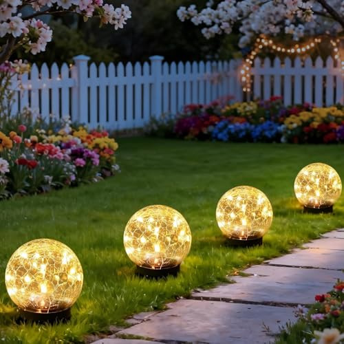 SyouHome Solar Garden Lights Outdoor Waterproof, 4 Pack 30 LEDs Cracked Glass Ball Light, Ground Landscape Garden Decor, Solar Globe Decorative for Pathway/Patio/Lawn/Yard (Warm White, 3.9)