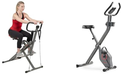 Sunny Health and Fitness Row-N-Ride™ PRO Squat Assist Trainer, w/Digital Monitor & Resistance Bands + Smart Folding X-Bike, Portable Compact Exercise Bike for Indoor Cycle, 14-Level Resistance