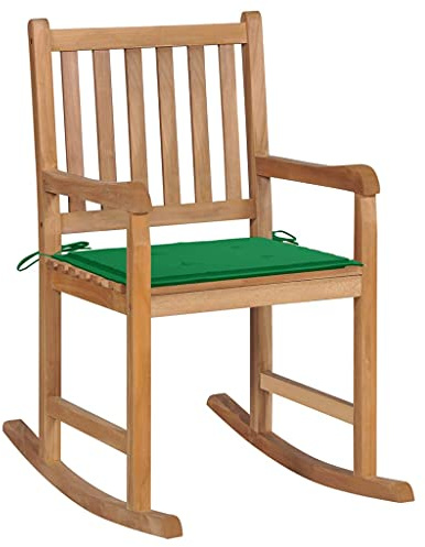 Silla Mecedora de Teca Maciza con Cojín Verde, Sillón Balancín Resistente a la Intemperie, Diseño Ergonómico para Interior y Exterior, Mecedora Jardín Exterior y Terraza,Verde, 58 x 92.5 x 106 cm