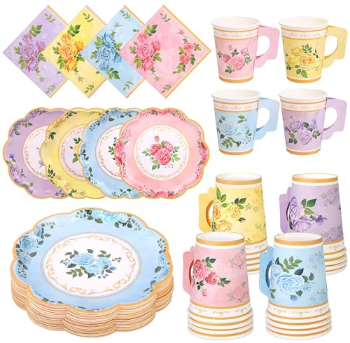 Vivantia 48 Pieces Floral Tableware Set Afternoon Tea Party Tableware Paper Plates Cups with Handles Floral Napkins Vintage Party Decorations for Birthday Baby Shower Weddings, Serve 16 Guests