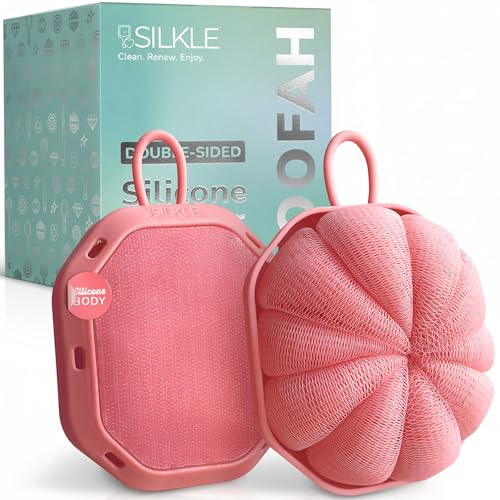 SILKLE Double-Sided Shower Loofah - Exfoliating Body Scrubber & Shower Scrubber for Men & Women, Non-Slip Silicone Grip, Soft Mesh & Firm Sides, 2-in-1 Bath Sponge and Bath Loofah - 2 Pack, Pink