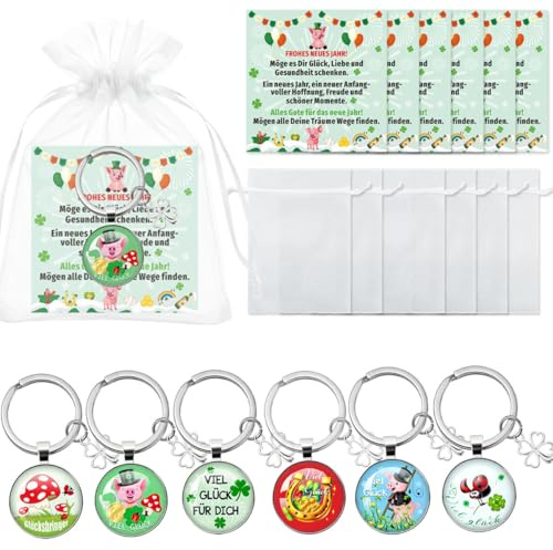 Glücksbringer Silvester, 6 Schlüsselanhänger Glücksbringer Set, Neujahrsglücksbringer, Glücksschwein Kleeblatt Schlüsselanhänger Glück, Frohes Neues Jahr Geschenk mit Neujahrskarten Organzasäckchen