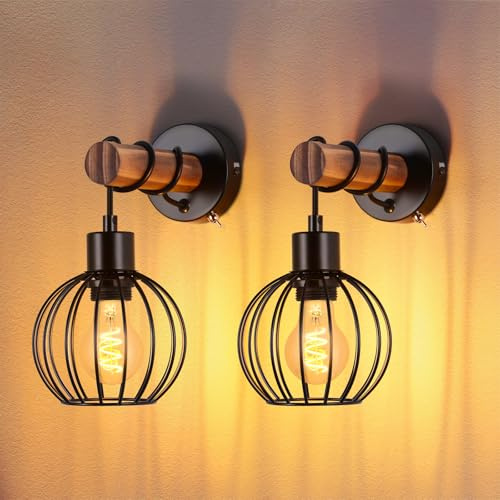 ZMH 2er Wandleuchte Wohnzimmer Vintage Holz: Wandlampe mit Schalter Wandbeleuchtung Schwarz im industrial Design E27 Wandstrahler aus Metall Bettlampe für Schlafzimmer Flur Cafe - Ohne Leuchtmittel