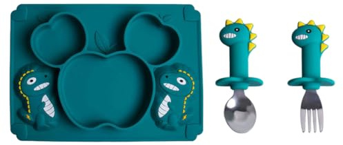 Zambuph Set di stoviglie in silicone per i più piccoli Set di stoviglie in silicone per bambini facile da pulire, sicuro e inodore, che alimenta facilmente, verde scuro 2