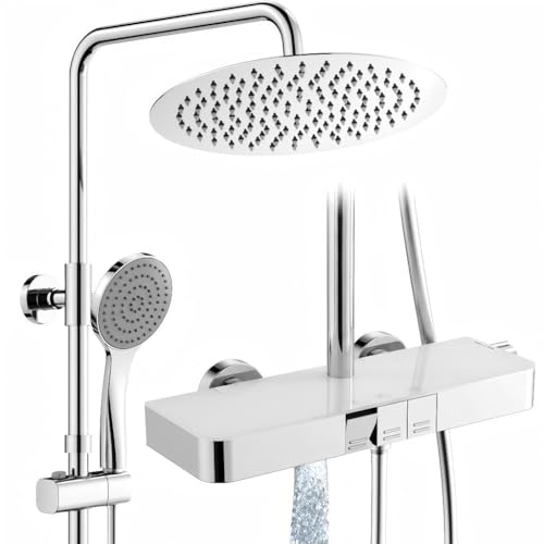 HOMELODY Duschsystem mit Thermostat und Glasablage Chrom - 30cm Regendusche mit Armatur Duscharmatur Komplettset, 3 Strahlarten Handbrause Kopfbrause und Unterer Auslauf - Duschset für Badzimmer