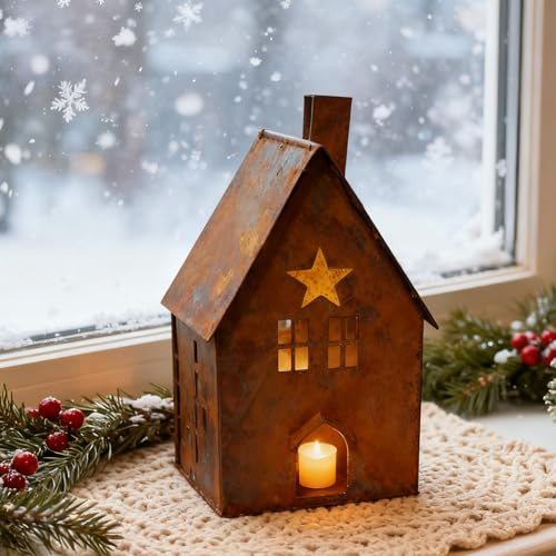 Weihnachtshäuser Kerzenhalter, Weihnachtsdeko Lichthaus Teelichthalter Weihnachten Deko Weihnachtsdorf Metall Deko Häuser Weihnachten Engel Rost Kerzenhalter Laterne für Weihnachtsdeko Tisch (Haus)