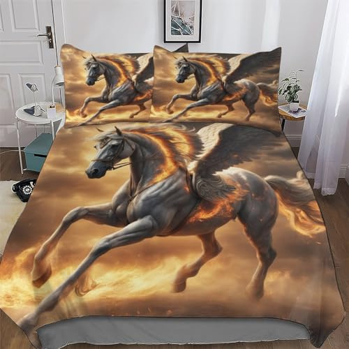 AASWDDS Flame Cheval Parure De Lit - Microfibre 3 Pièces Housse De Couette Douce - Linge De Lits avec Taies d'oreiller pour Enfants Adultes King(220x240cm)