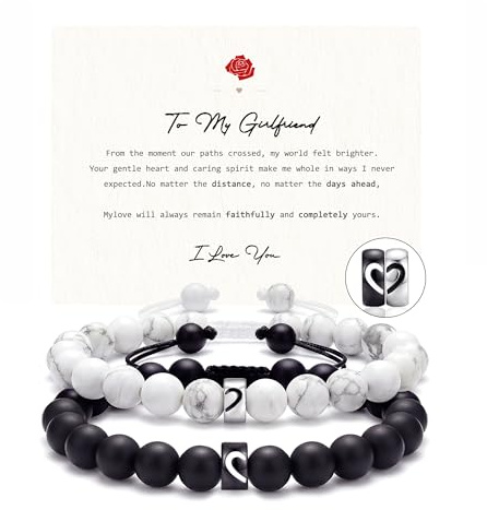 UVGVA Heart Rings Couples Bracelets Set – Anniversary Birthday Valentine's Day Gifts for Boyfriend Girlfriend Husband Wife (To My Girlfriend Card)