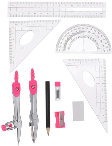 CALLARON Set di Righello, Compasso e Goniometro in Plastica Rosa per Studenti, Kit Geometria da 10 Pezzi, Strumenti Precisi e Portatili per Scuola Superiore e Disegni Tecnici