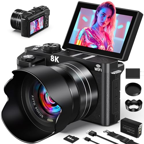 8K Digital Camera - 88MP WiFi Cameras for Photography - UHD Autofocus Vlogging Camera for YouTube 18X Zoom - Video Camara for Beginner Photographer with 3 180° Flip Screen, Lens Hood, 64GB Card