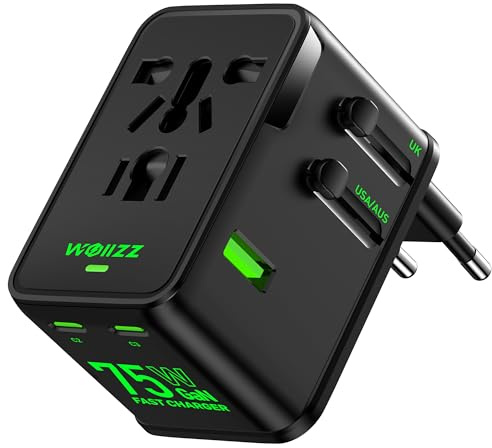 Adattatore da viaggio 75W, adattatore universale europeo GaN a ricarica rapida con 5 porte (1 AC, 1 USB-A e 3 USB-C), spina adattatore con chip intelligente per oltre 200 paesi, caricabatterie PD & QC