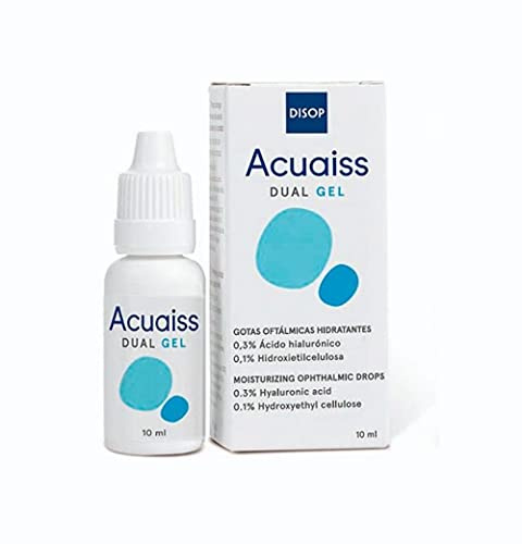 Acuaiss DUAL GEL Augentropfen mit Hyaluronsäure gegen mäßige und schwere Augentrockenheit. Benetzungstropfen mit flüssiger Basis und viskoser Textur. 10 ml