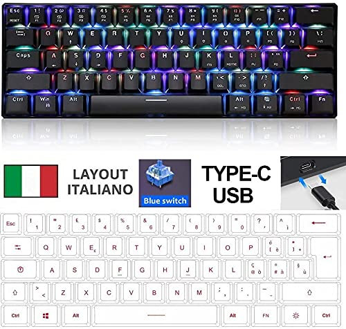 IDOR STORE Tastiera da gioco meccanica al 60% Layout Italiano interruttore ottico Gateron compatta Da GAMING cablata retroilluminata RGB Impermeabile Type-C PER PS4 E PS5