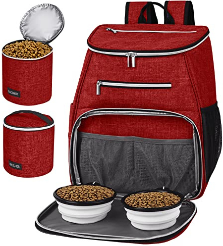 BAGLHER 丨Dog Travel Bag Backpack, Airline Approved Pet Supplies Backpack, Dog Travel Backpack with 2 Silicone Collapsible Bowls and 2 Food Baskets Red