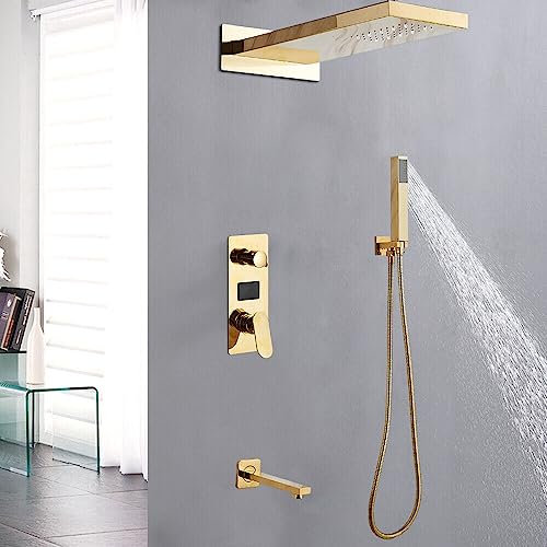 Duschsystem Unterputz Duscharmatur Set, Regenbrause mit LED Dreifarben Wassertemperatur Licht Wasserfall Handbrausegarnitur, Gold Wand Duschanlage, Keine Batterien Erforderlich