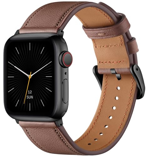 Oielai Läderarmband kompatibelt med Apple Watch armband 45 mm 44 mm 42 mm 49 mm, mjukt äkta läderarmband för Apple Watch SE/iWatch Series Ultra 9 8 7 6 5 4 3 2 1 för män och kvinnor, ljusbrun