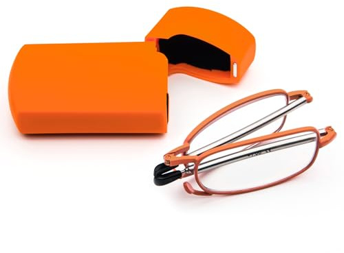 KoKoBin Occhiali da lettura pieghevoli in acciaio inox mini anti-blu, per uomo e donna, con custodia rigida (arancione,+1,5)