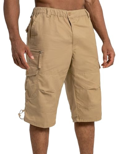 Aotoyou 3/4 Hose Herren Cargo Shorts Bermuda Kurze Hosen Sommer Herrenshorts Baumwolle Cargohose Kurz 3/4 mit Gummibund, Kaki 4XL