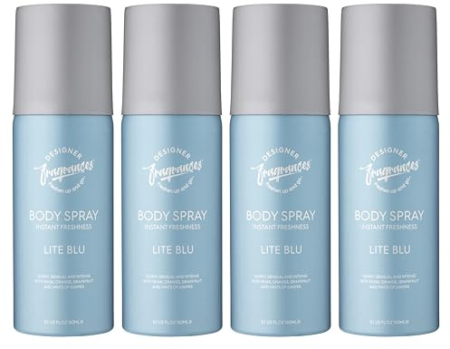 Designer Fragrances 4 Pack Lite Blue Men's Body Spray Deodorant Cans - For Instant Freshness on The Go - Long Lasting Smell - Great Male Gift Sets- 150ml
