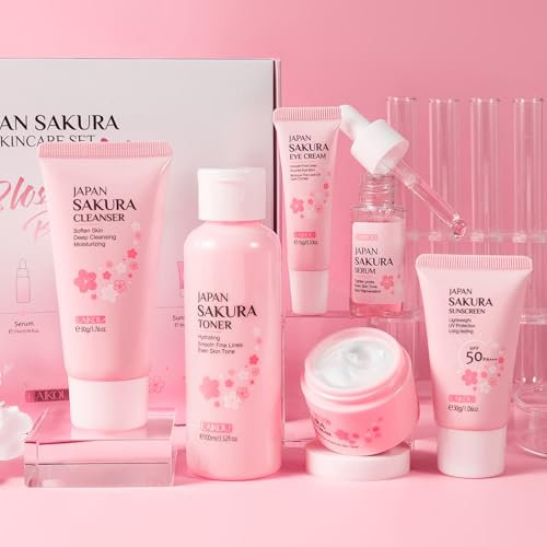 LAIKOU Kit per la Cura Della Pelle Sakura, 6Pcs Set per Cura Della Pelle Sakura, Set Skincare Viso Completo, include Detergente Viso, Tonico Idratante, Crema, Siero, Contorno Occhi, Crema Solare