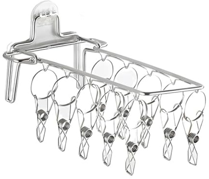 MIUPOO No Drill Sock Underwear Hanging Dryer,Wall Mounted Stainless Steel Clothes Drying Rack With 10 Clips, Foldable Multi Clip Laundry Hanger For Bathroom Balcony,1 Pieces.