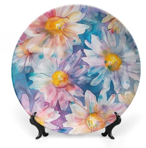 Decorative Plates for Wall Hanging, Daisy on Purple Blue Background Ceramic Plate, Watercolor Summer Flower Wobble-Plate w/ Display Stand, Home Decor for Kitchen Cabinets, Farmhouse Round Tray 7 Inch