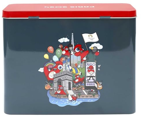 PARIS 2024, CJO5105 - Scatola in metallo per mascotte affresco, 23 x 10 x 19,2 cm, prodotto ufficiale sotto licenza, scatola di immagazzinaggio per la cucina, scatola di conservazione zucchero cereali