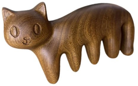 SKISUNO Wooden Head Massager Comb Made of Natural Sandalwood with Wide Teeth, Cat-Shaped Scalp Massage Tool for Soothing Itching and Stress Relief, Suitable for Family Relaxation