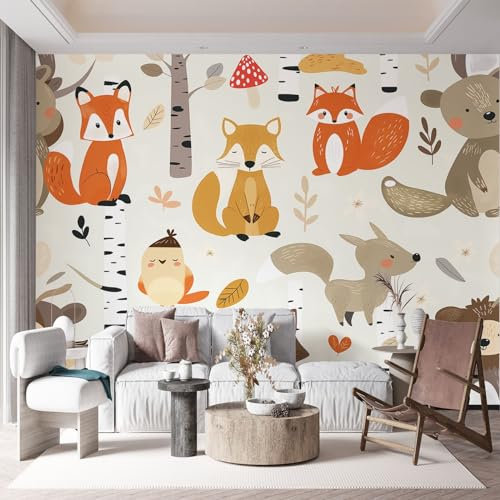 Fotomurale Animale Volpe Foresta Cartoon per Ufficio Design Elegante, Carta da Parati Crema 250L x 175A cm per Camera dei bambini - Murale da Parete 3D Professionale in Tessuto Non Tessuto