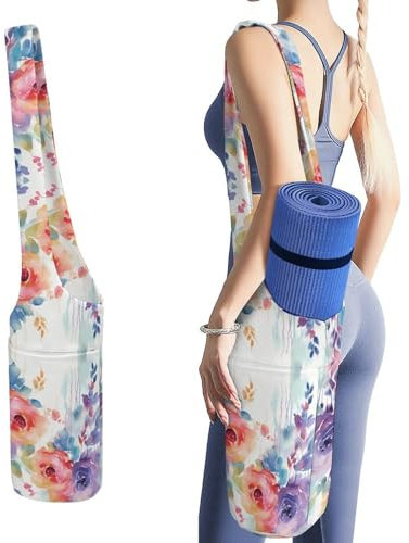 YJWANDL Yogamatten-Organizer, Aquarell-Blumendruck, Yogamatte, Tasche, Turnmatte, Tasche, Leinen-Aufbewahrungstasche, strapazierfähige Yoga-Tragetasche