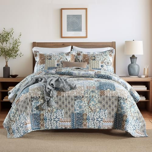 ENASAL Baumwoll-Tagesdecke, Steppdecke, Bettwäsche-Set, wendbar, Tröster, blau, Bohemian-Stil, rustikales Blumen-Patchwork-Muster, Tagesdecke für alle Jahreszeiten, Queen-Size-Größe
