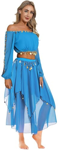 YiZYiF Damen Kostüm Bauchtanz Pailletten Langarm Top Maxirock Set Halloween Karnevalskostüm Indisches Tanzkostüm Inderin Tänzer Outfit Set Himmelblau Einheitsgröße