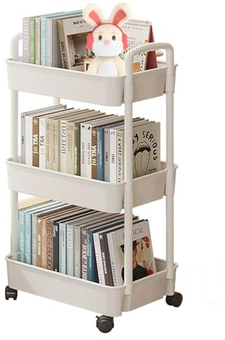 SULIVES 3-Tier Storage Trolley on Wheels, Rolling Utility Cart with Handle and Lockable Wheels, Kitchen Storage Organizer for Bathroom, Bedroom, Office, Beige