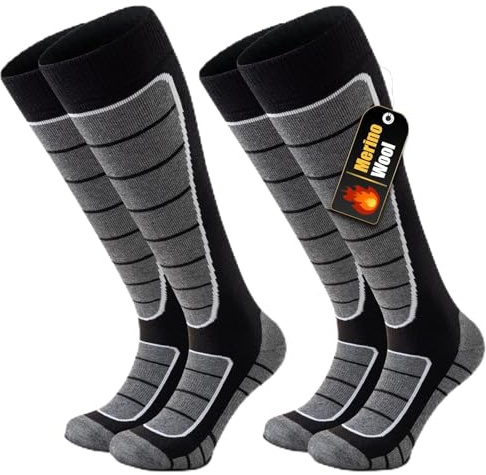 Stoeury 2 Paar Merinowolle Skisocken Herren Damen, Gepolsterte Skisocken, Bequeme Snowboard Socken, Warme Skistrümpfe, Thermosocken Wintersocken für Skifahren, Langlauf, Snowboarden, Schwarz, L