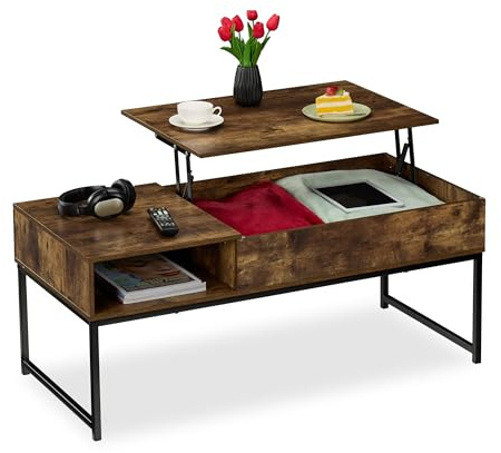 Relaxdays Soffbord med lyftbordsskiva, HLP: 45 x 110 x 50 cm, trä- och metalleffekt, bord, vardagsrum, brun