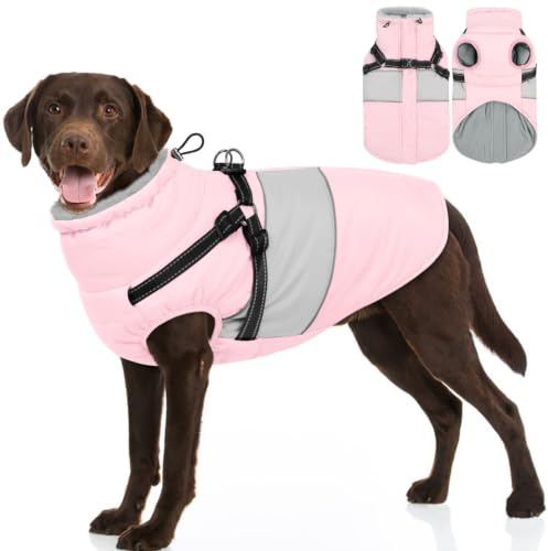 SUNFURA Dog Coat, XXXL Dog Jacket Winter with Harness Built in, Waterproof Pet Snow Jacket with Furry Collar for Chilly Day, Reflective Fleece Snowsuit for Extra Large Dogs, Pink 3XL