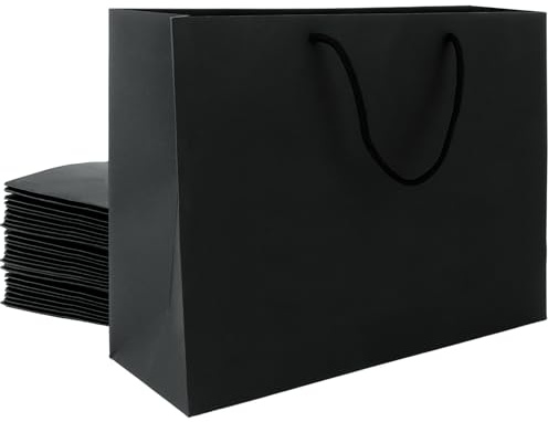 FWEEK 24 Stück Schwarz Geschenktüten, Papiertüten Schwarz, Groß Papiertüten mit Henkel, 250GSM Papiertasche, Kraftpapier Tüten Tragetaschen für Festivalfeier, Hochzeit, Partei, Geburtstag, 32x11x25cm