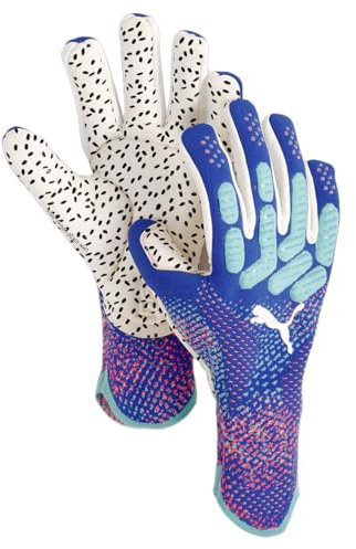 Puma Future Ultimate NC Torwarthandschuhe - Elite+ Dual Grip Latex, enge Passform, 3D-gestrickte Rückhand, Silikonband, elastisches Handgelenk, Mehrere Größen (Bluemazing-Sunset Glow-Electric
