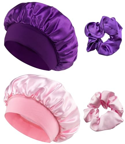 Loomify Bonnet Satin Cheveux Nuit, 2 Bonnet de Soie pour Dormir avec 2 Chouchous pour Femmes et Filles (Rose,Violet)