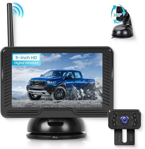 VECHTEL Telecamera Posteriore senza Fili con Schermo HD IPS da 5 Pollici, Segnale Wireless Stabile, Facile da Installare, Impermeabile IP69, Visione NotturnaLinee, Guida DIY, Staffa Rimovibile