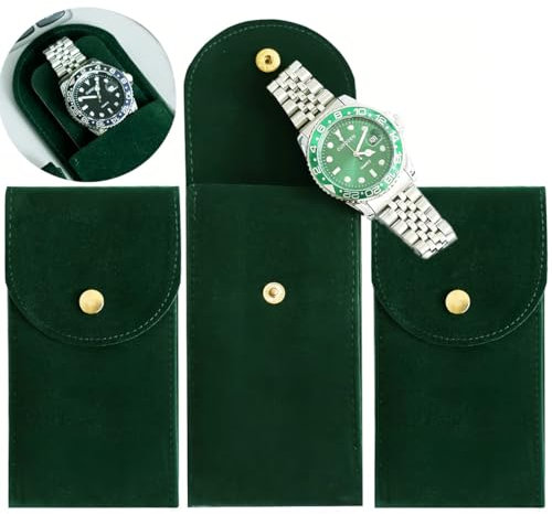 ZKGYUS 3 Pezzi porta orologi uomo, Stoccaggio Orologio Borsa con Bottone A Pressione custodia, porta orologi da viaggio, resistente per Gioielli per viaggi all'aperto (Verde Scuro)