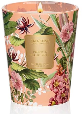 M&SENSE Bougies Parfumées de Luxe en Cire de Soja Pivoine Blush Suede | 400 g, Jusqu’à 75 Heures, Parfum Enveloppant, Cadeau Chic pour Couples & Ambiances Romantiques | 60 heures de combustion lente, non toxique, romantique, chambre, soulagement du stress, relaxation, bougies de luxe
